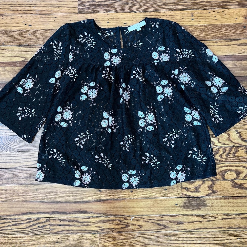 LOFT Black with Cream and Pink Floral Lace Blouse